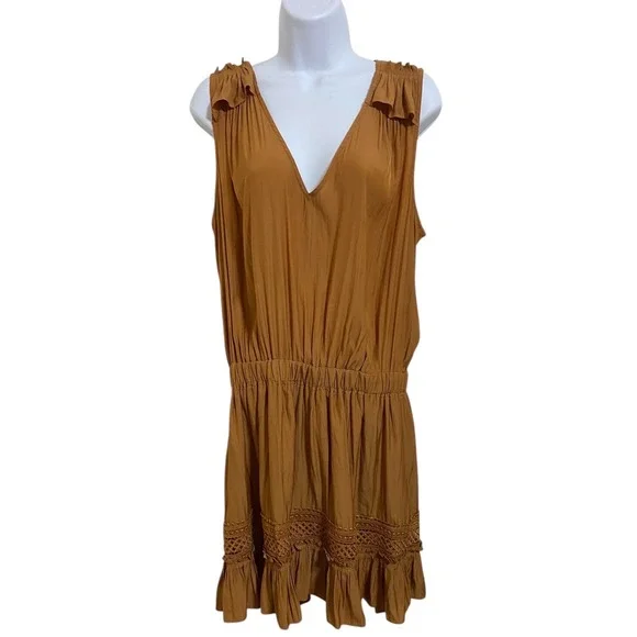 Ramy Brook New York Cara Mini Silky Satin Ruffle Lace Light Cognac‎ Brown Large - Picture 2 of 11